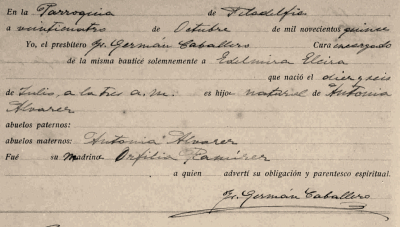 Partida de bautismo firmada por el beato Germán Caballero Atienza (Filadelfia, 1915).