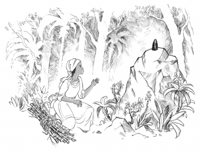 Llamada Juana Pereira, la mujer que encontr&oacute; la imagen de la Virgen era mulata, seg&uacute;n los relatos m&aacute;s antiguos del hallazgo. La ilustraci&oacute;n es obra de Michael O&rsquo;Reilly Feiser