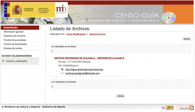 Vista del acceso digital al Archivo Diocesano de Alajuela desde el Censo Gu&iacute;a de Espa&ntilde;a e Iberoam&eacute;rica.